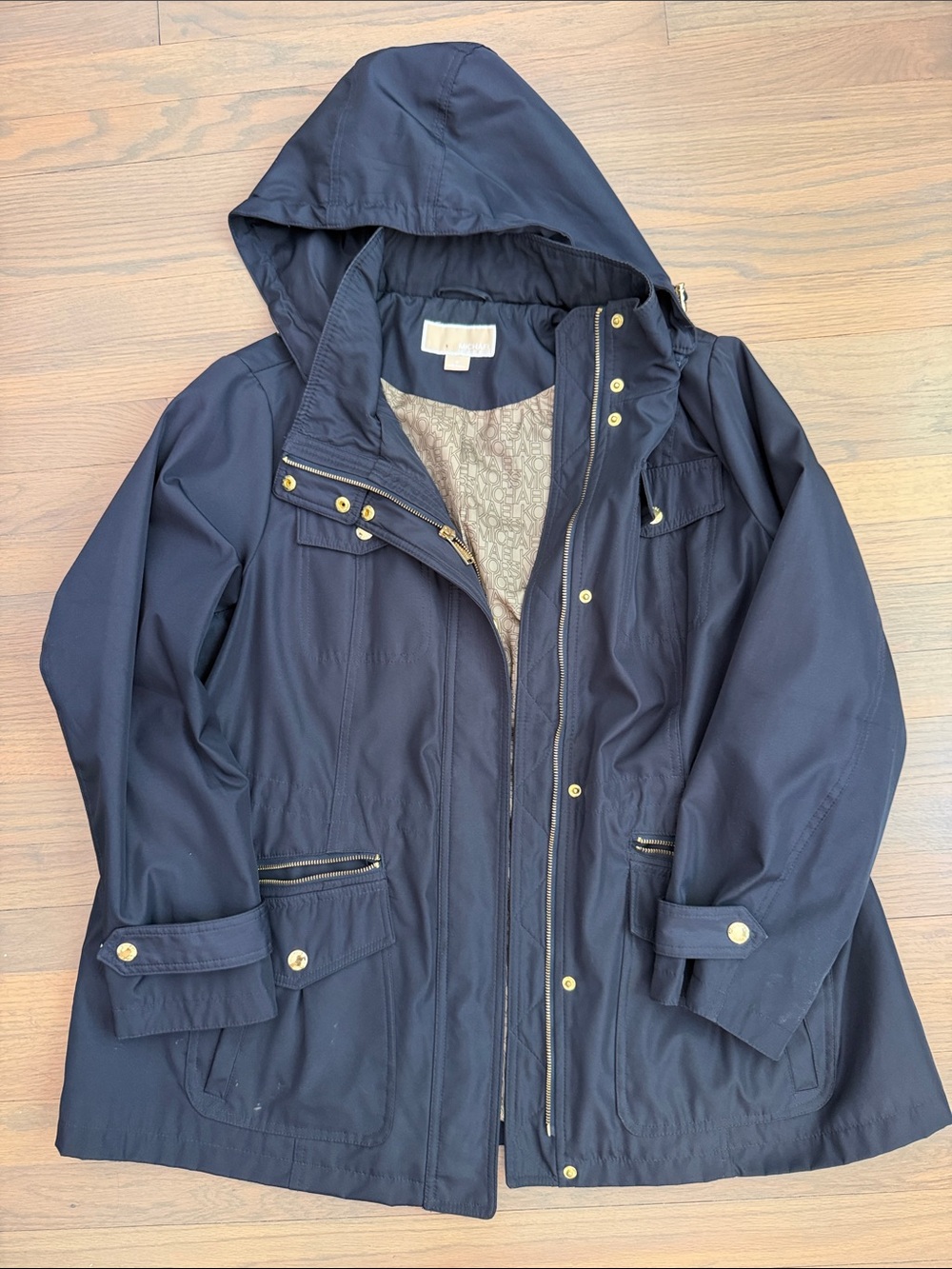 Michael Kors Navy Hooded Utility Jacket with Gold Accents